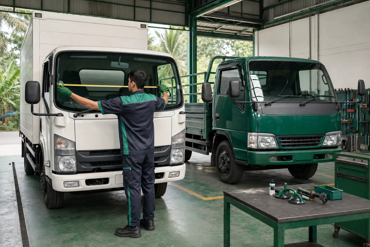 Ilustrasi Panduan Kaca Depan Truk Hino dan Mitsubishi Fuso