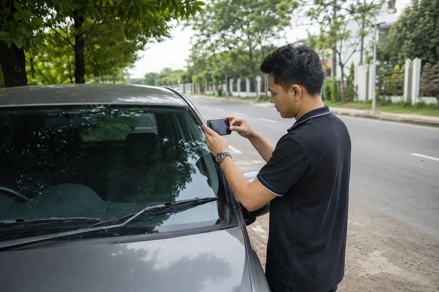 Ilustrasi Kaca Mobil Terkena Batu: Langkah Pertama yang Perlu Dilakukan